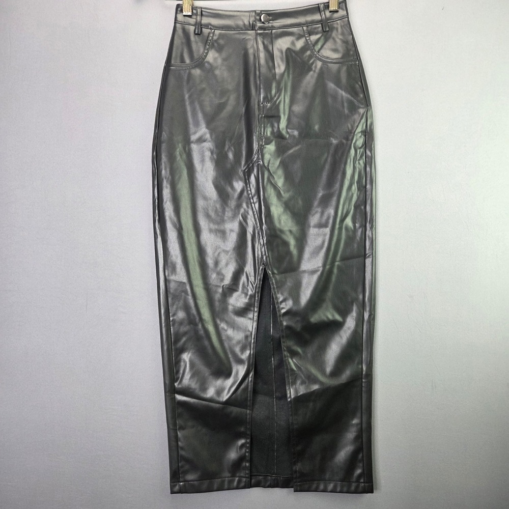 SHEIN Faux Leather Midi Skirt Front Slit High Waist Black Size S Vegan Pencil